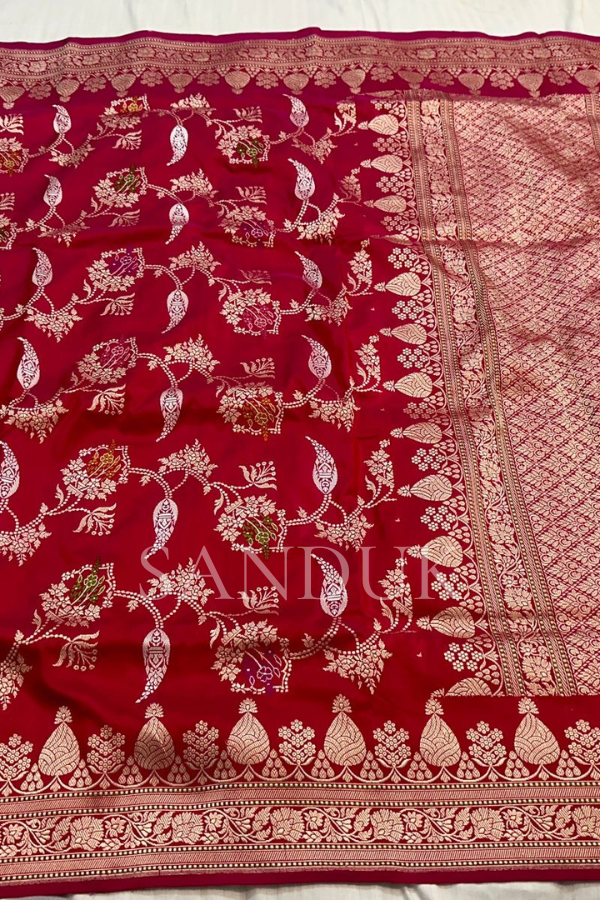 Ruby Red Katan Silk Jangla Saree